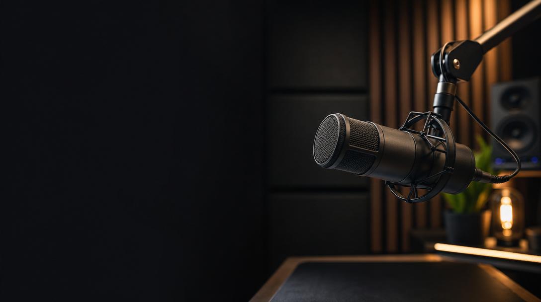 Professional podcast studio setup with microphone and camera